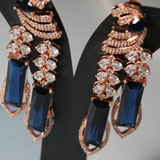 Navy Rose Gold-Plated AD-Studded Contemporary Drop Earrings